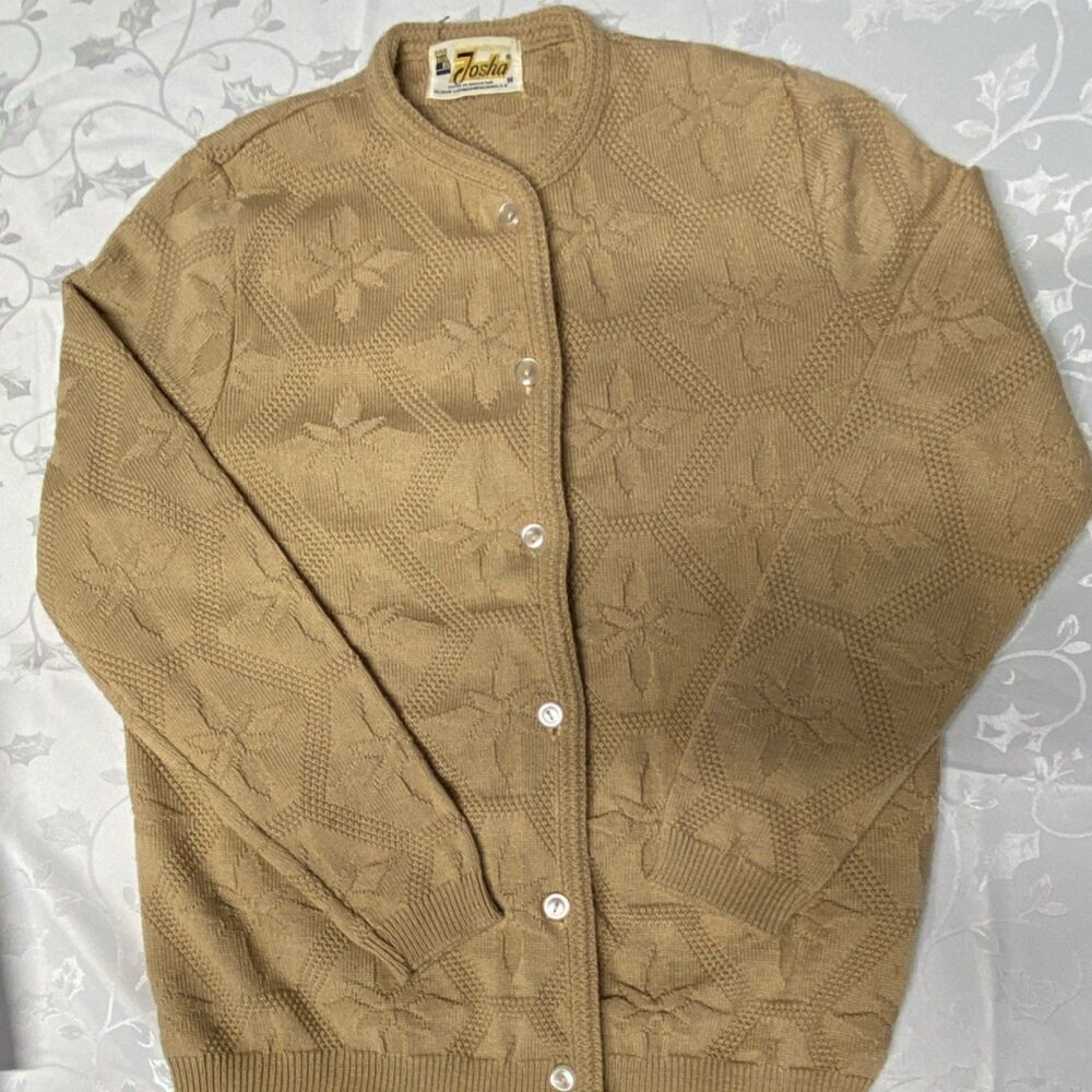 VTG Josha Beige Floral Knit Cardigan Sweater Womens Size M Button Front